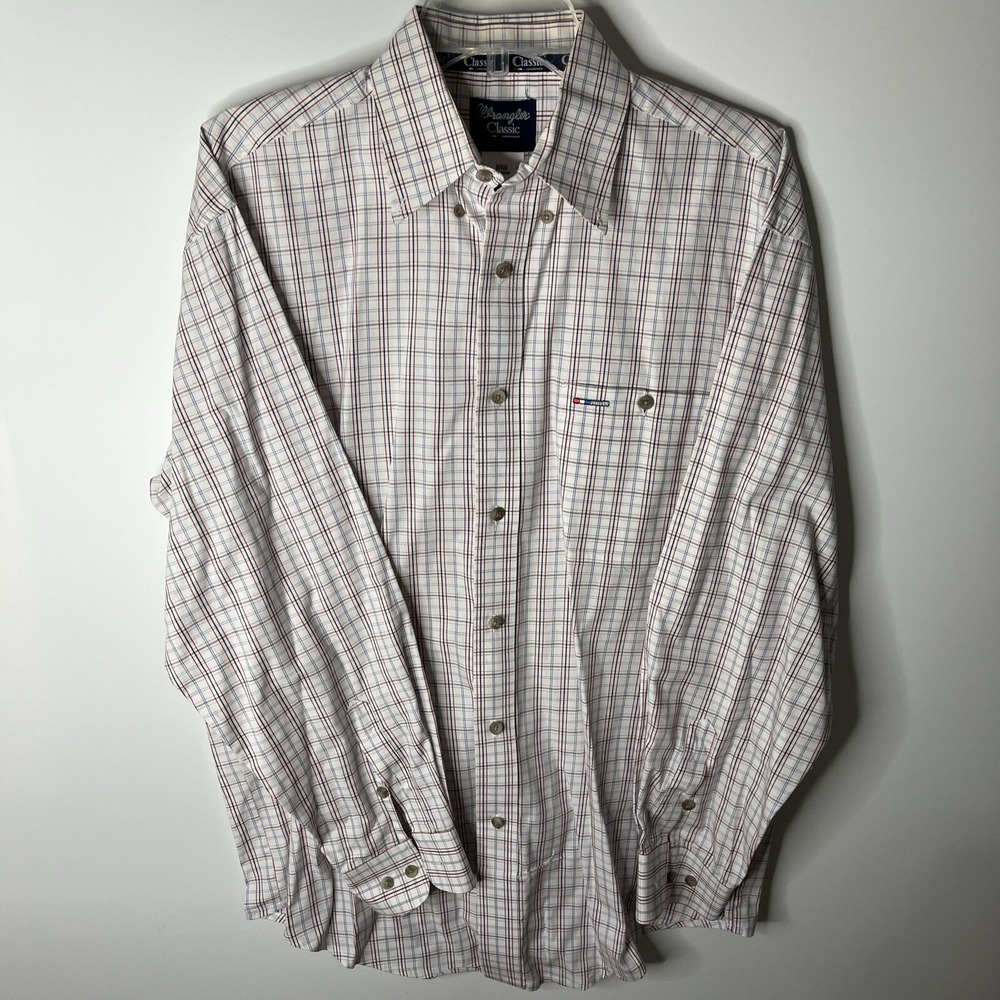 Wrangler Classic Shirt Mens Medium Sleeve 35 White Blue Red Plaid